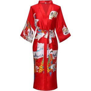 Red Women Silky Kimono with Floral Dressing Gown Sleepwear